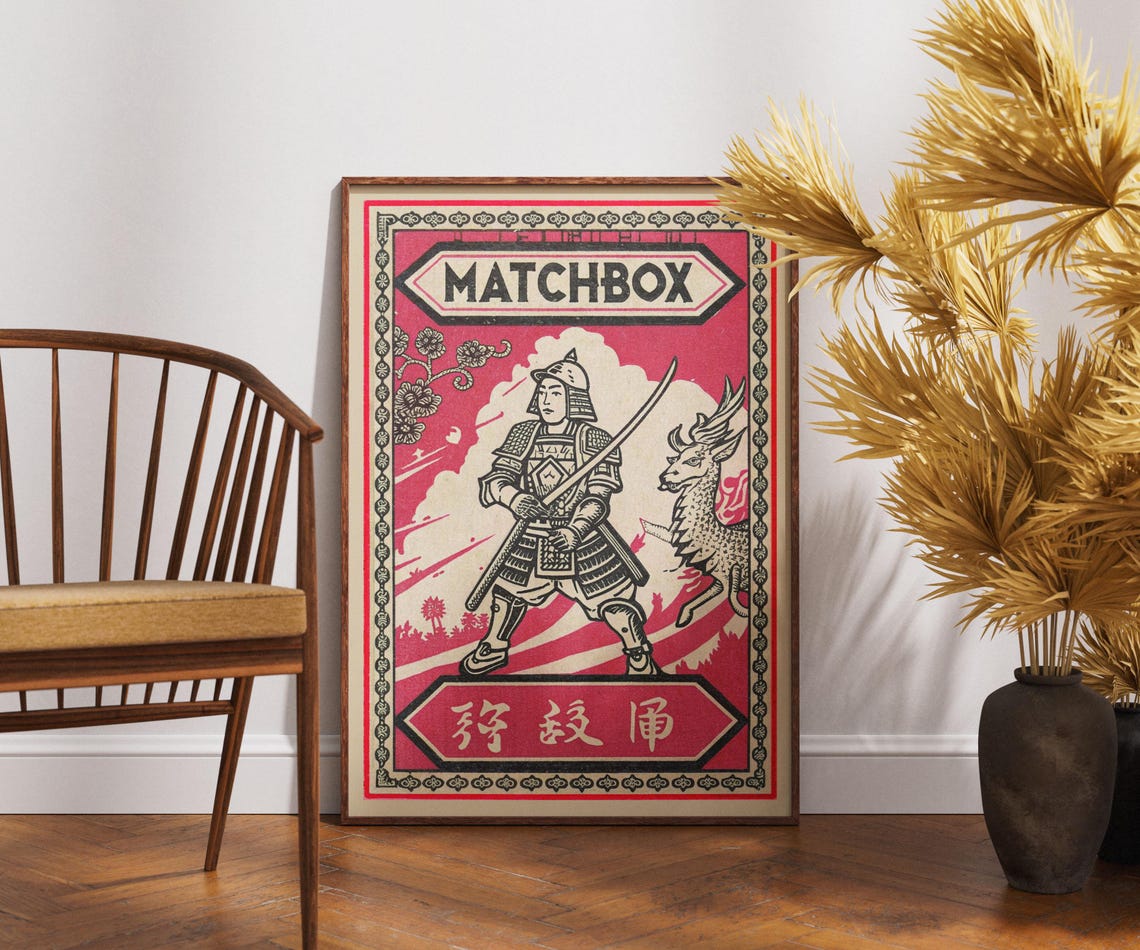 Vintage Samurai Warrior Poster Japanese Matchbox Art Retro Feudal Japan Print Katana Illustration Traditional Bushido Decor