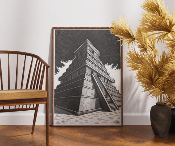 Mayan Pyramid Wall Art Ancient Temple Illustration Black And White Aztec Poster Historical Architecture Print Tribal Decor