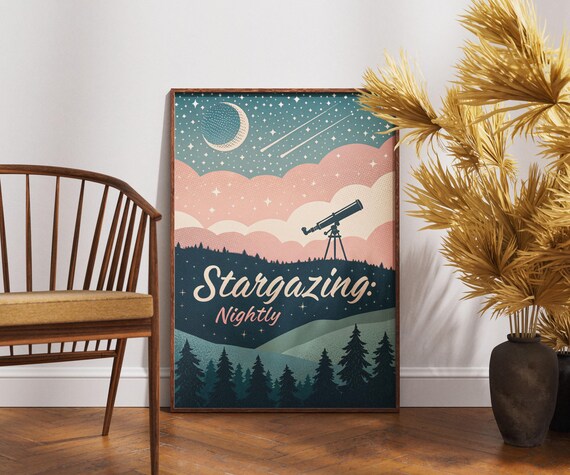 Stargazing Nightly Retro Telescope Moon Night Sky Astronomy Art Poster