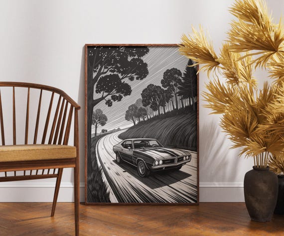 Vintage Muscle Car Art Print Black And White Retro Driving Poster Classic Wall Decor Road Trip Speed Illustration