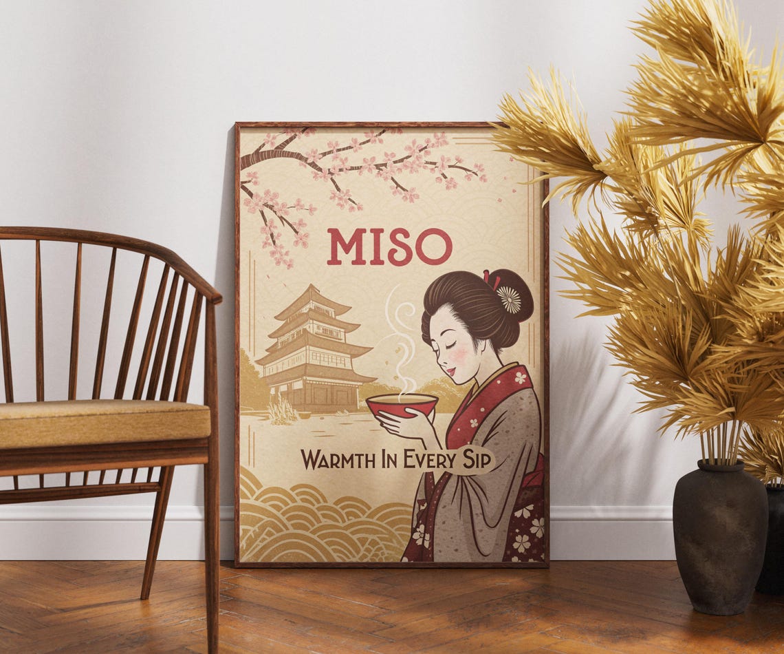 Miso Soup Geisha Warmth In Every Sip Pagoda Cherry Blossom Poster