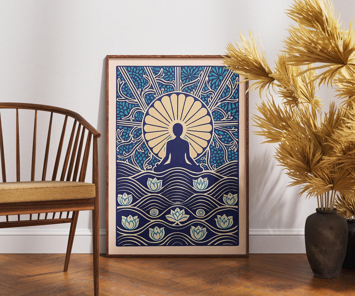 Mandala Meditation Poster Zen Silhouette Blue Lotus Linocut Art
