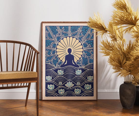 Vintage Mandala Meditation Poster Linocut Silhouette Art Zen Spiritual Wall Decor Retro Boho Illustration Mindfulness Artwork