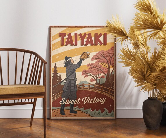 Taiyaki Samurai Poster Sweet Victory Retro Japanese Art Traditional Cuisine Print Cherry Blossom Kitchen Decor Fish Cake