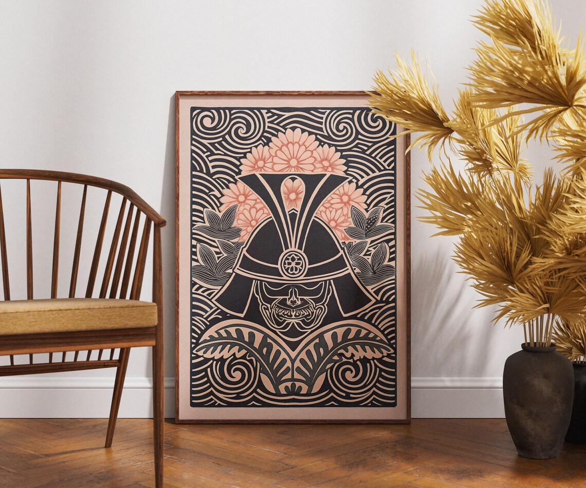 Samurai Helmet Kabuto Linocut Chrysanthemum Japanese Art Poster
