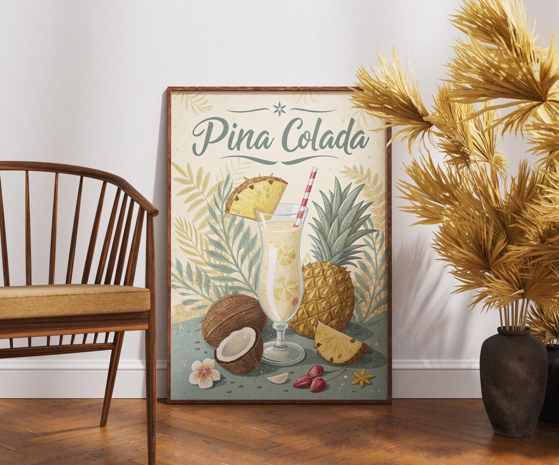 Vintage Pina Colada Cocktail Poster Tropical Pineapple Beach Bar Art