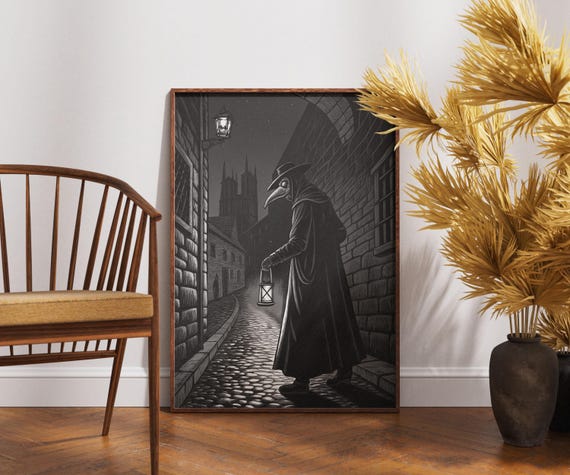 Plague Doctor Wall Art Gothic Lantern Street Print Dark Academia Poster Vintage Medical Illustration Eerie Night Decor