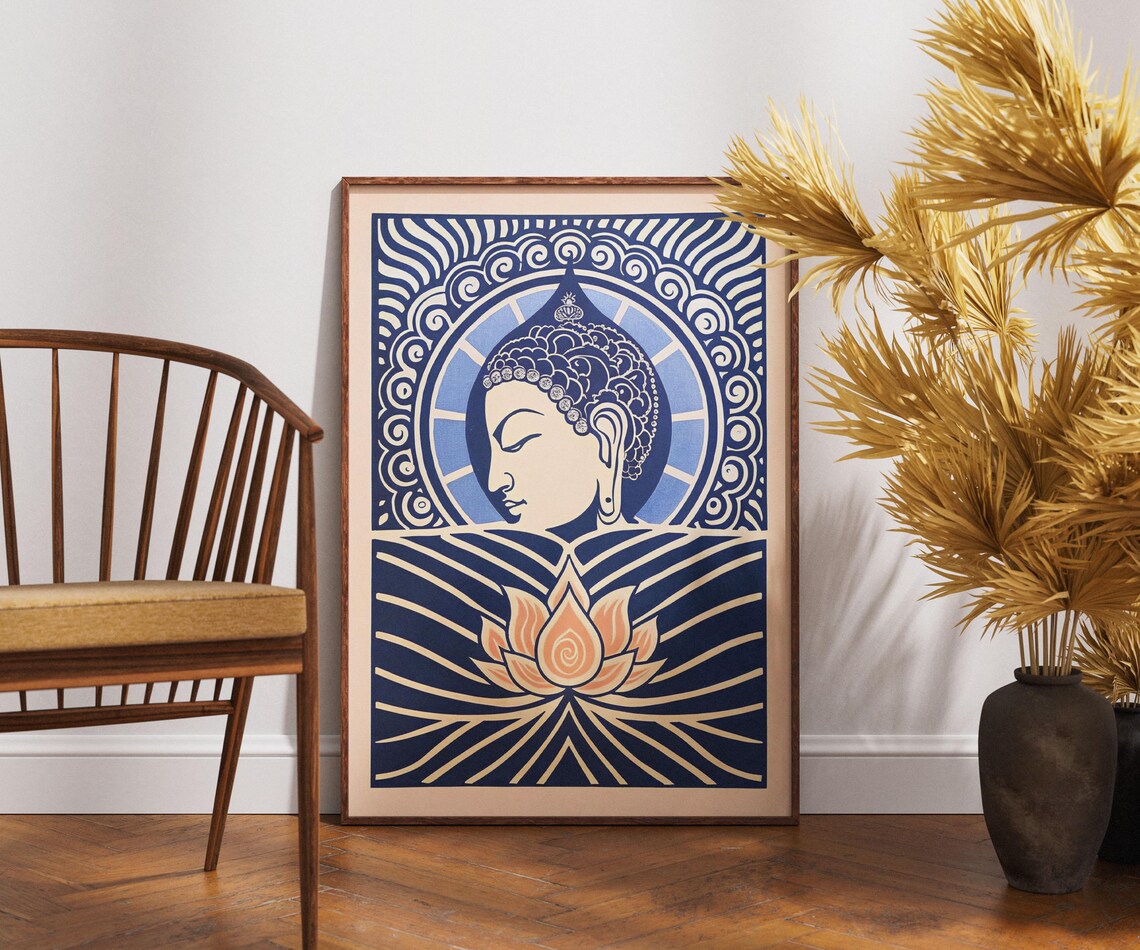 Buddha Profile Poster Lotus Gaze Zen Spiritual Vintage Linocut Art