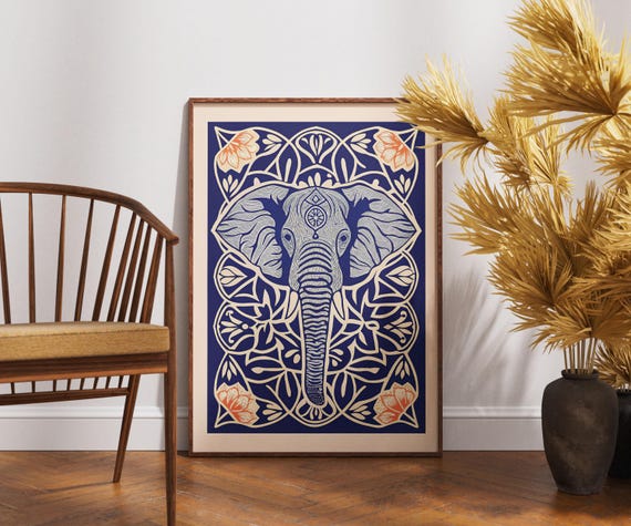 Vintage Elephant Poster Linocut Ornate Vista Art Retro Wildlife Wall Decor Boho Animal Illustration Spiritual Nature Print