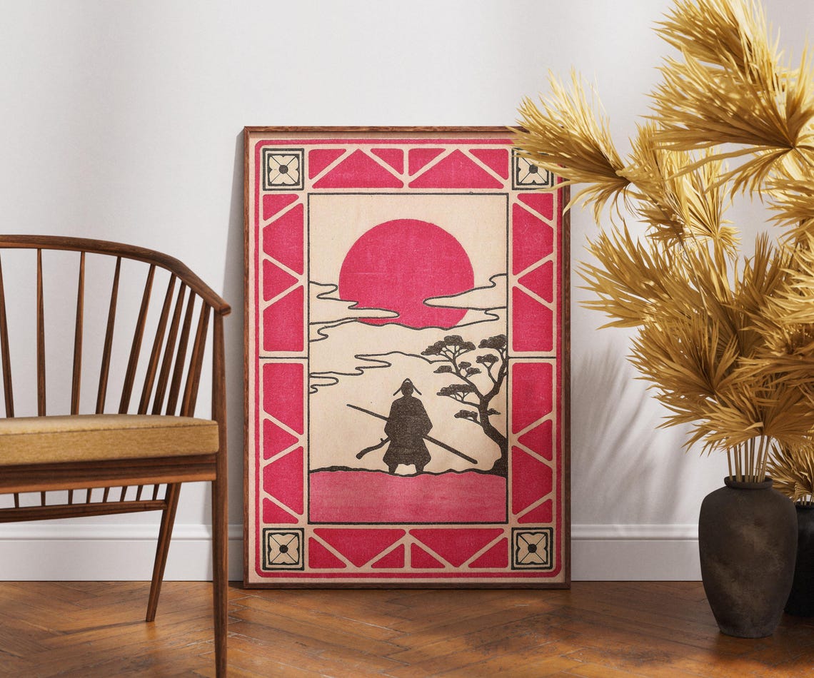 Samurai Sunset Red Sun Bold Japanese Woodblock Style Art Poster