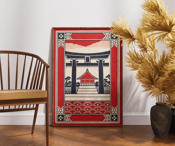Torii Gate Shrine Poster Vintage Japanese Matchbox Art Traditional Temple Wall Decor Red And Black Japan Print Minimalist Zen Design