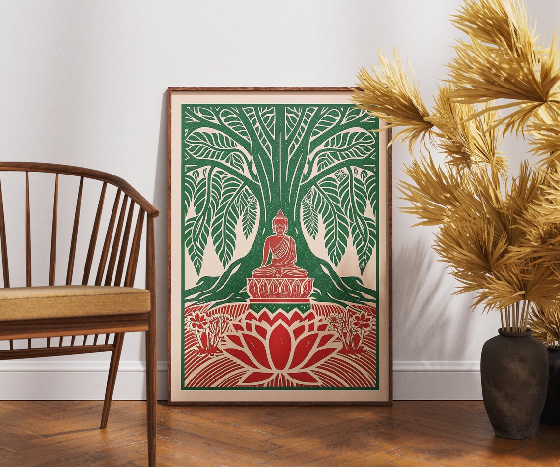 Buddha Bodhi Tree Linocut Embrace Red Lotus Spiritual Zen Art Poster