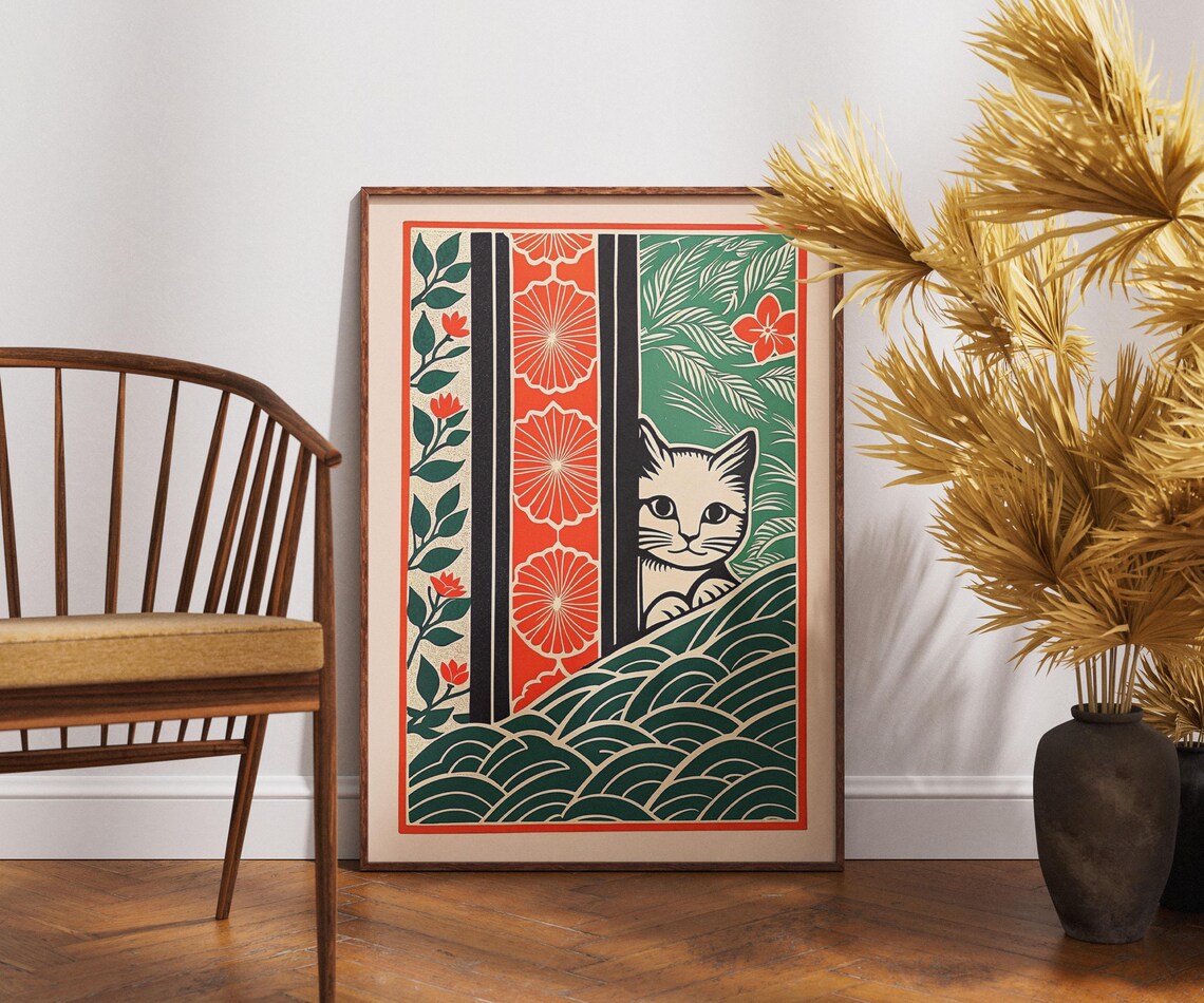 Vintage Shoji Screen Kitten Linocut Waves Japanese Cat Poster