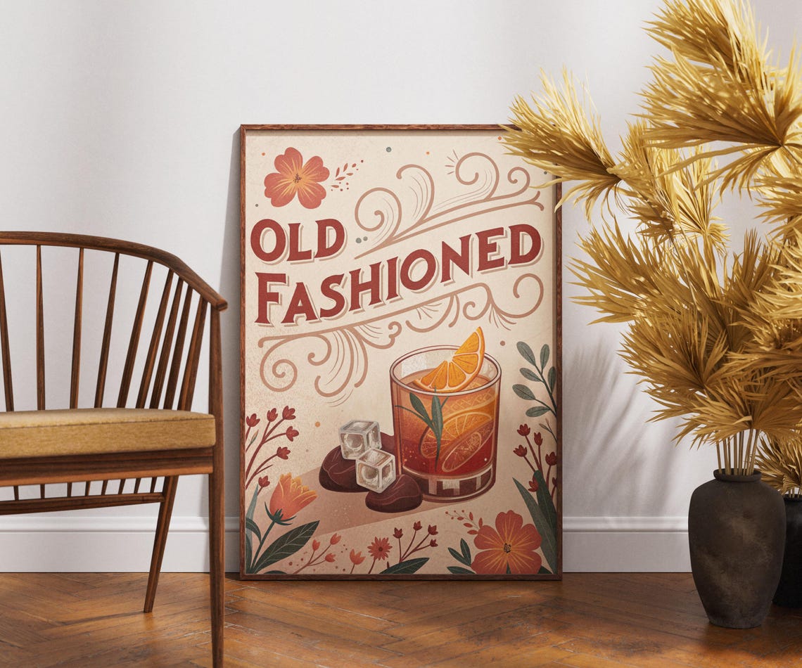 Old Fashioned Cocktail Bar Vintage Floral Hand Lettered Art Poster