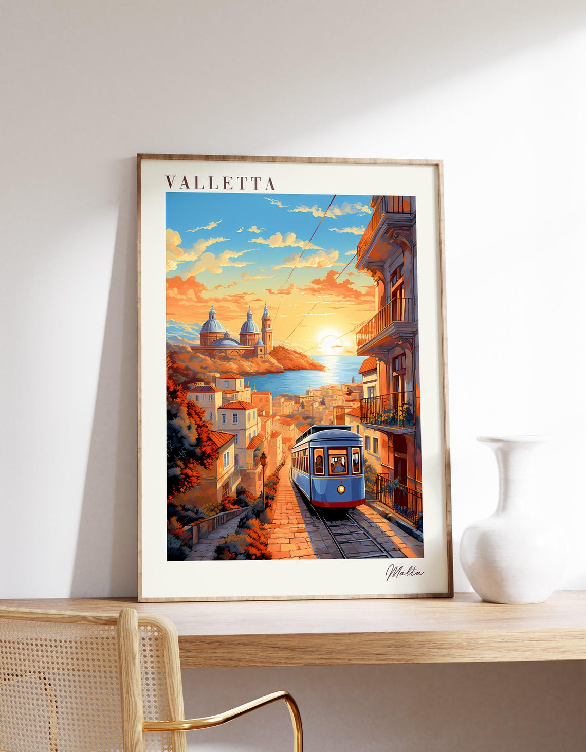 Valletta Malta Sunset Tram Hillside Harbor View Travel Poster