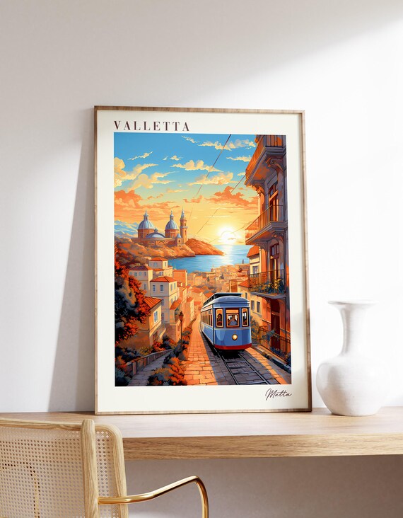 Valletta Malta Sunset Tram Hillside Harbor View Travel Poster