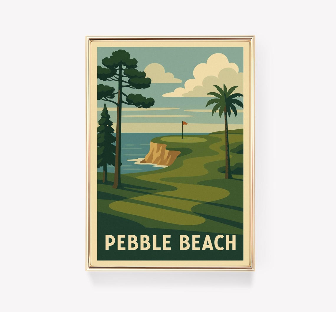 Pebble Beach Cliffside Golf Course Coastal Links Vintage Poster