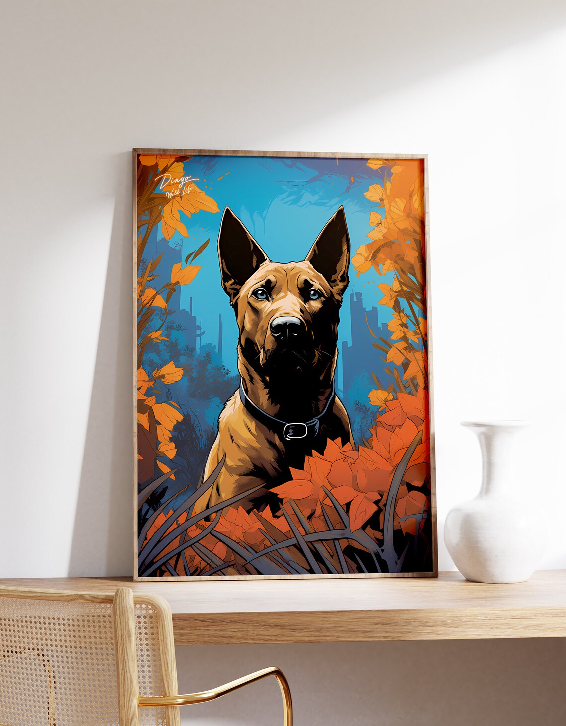 Dingo Wild Life Autumn Orange Foliage Colorful Illustration Poster