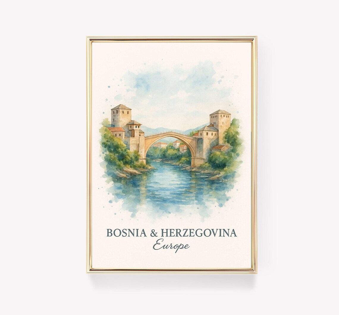 Mostar Bosnia Old Bridge Watercolor River Europe Travel Poster