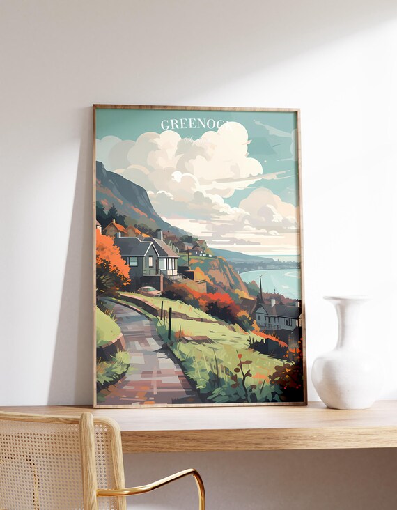 Greenock Scotland Hillside Cottages Coast Vintage Travel Poster
