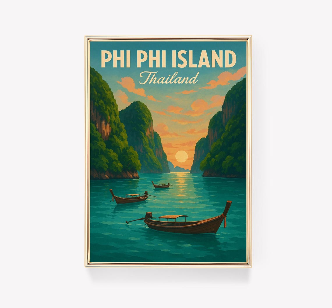 Phi Phi Island Thailand Vintage Longtail Boats Sunset Poster