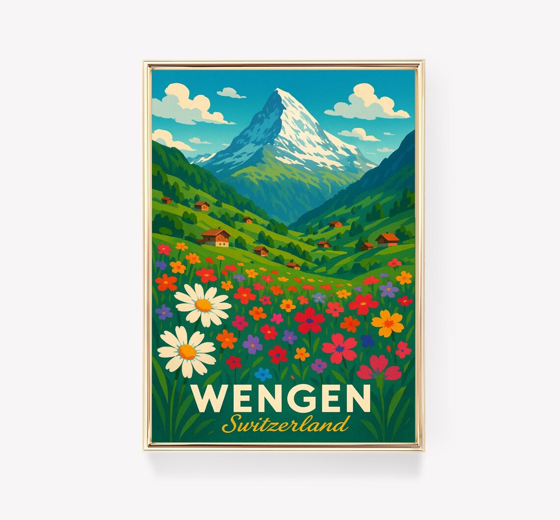 Wengen Switzerland Wildflower Meadow Mountain View Travel Poster