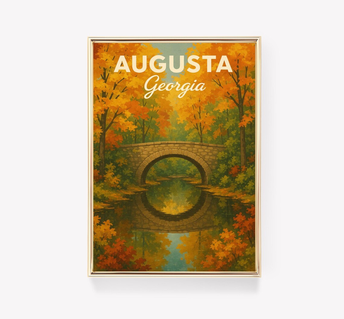 Augusta Georgia Autumn Stone Bridge Fall Foliage Travel Poster