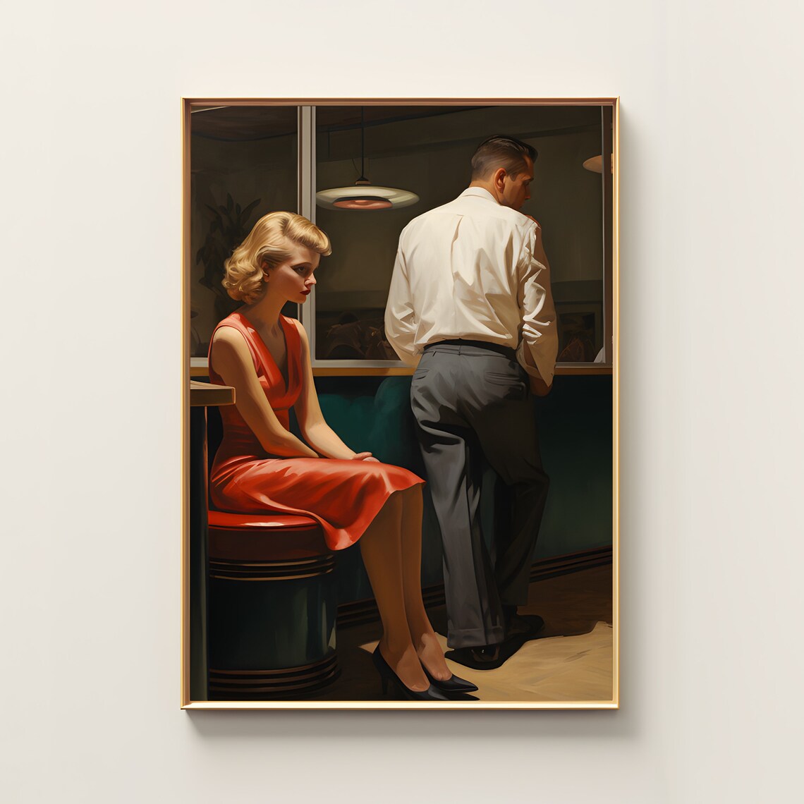 Edward Hopper Style Couple at Bar Painting Red Dress Night Art Print