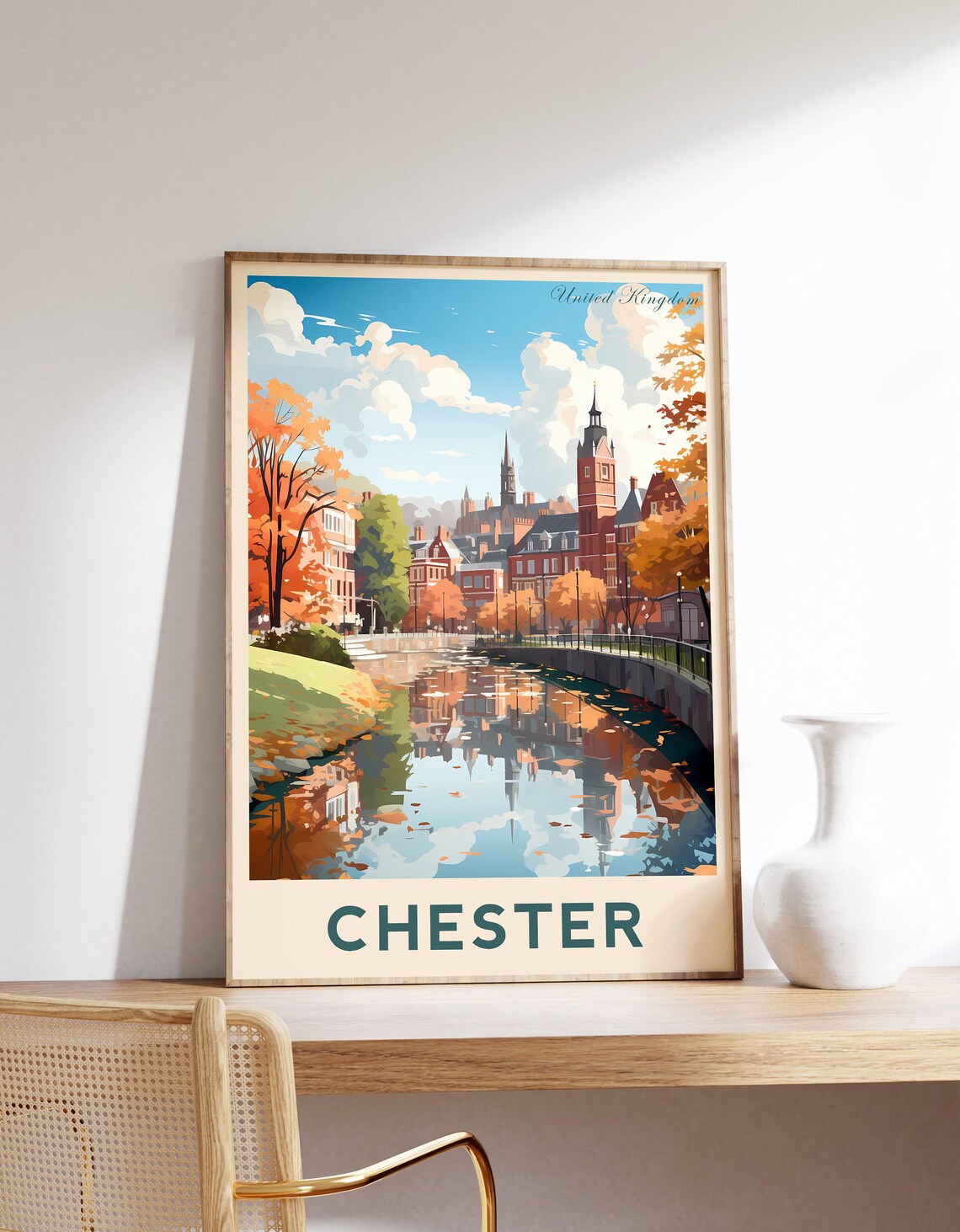 Chester United Kingdom Travel Poster Autumn River Skyline Artwork