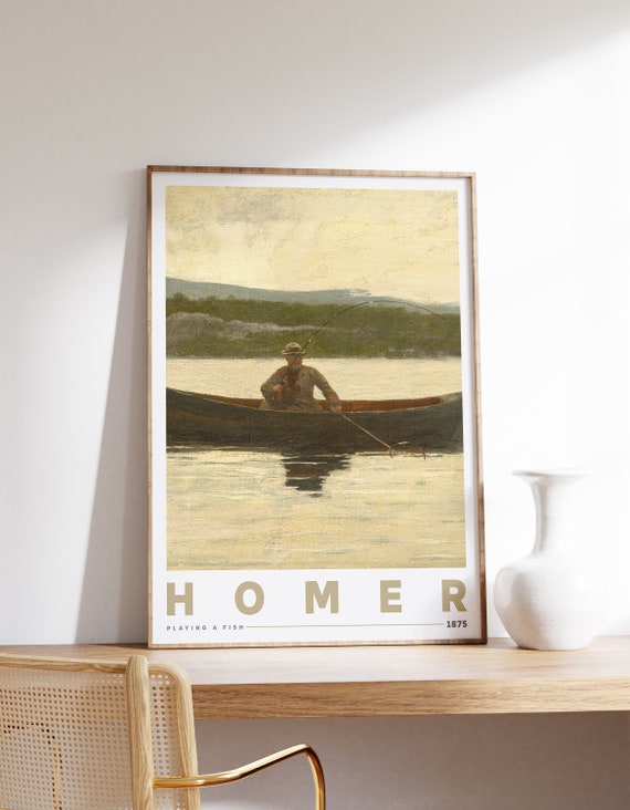 Winslow Homer Poster Playing A Fish 1875 Farmhouse Decor Exhibition Lake Neutral Beige Muted Print Watercolor Painting