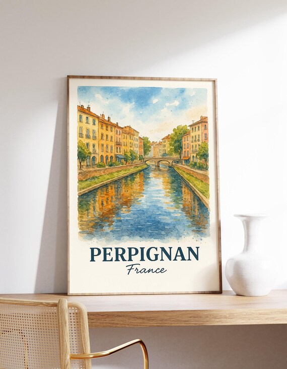 Perpignan France Old Town Canal Watercolor Vintage Travel Poster