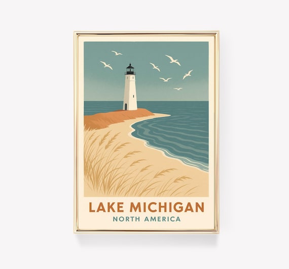 Lake Michigan Lighthouse Sandy Beach Vintage Travel Wall Art