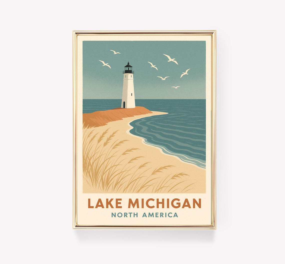 Lake Michigan Lighthouse Sandy Beach Vintage Travel Wall Art