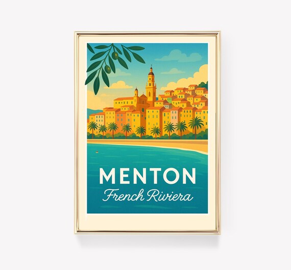 Menton French Riviera Seaside Old Town Vintage Travel Poster Coastal Art