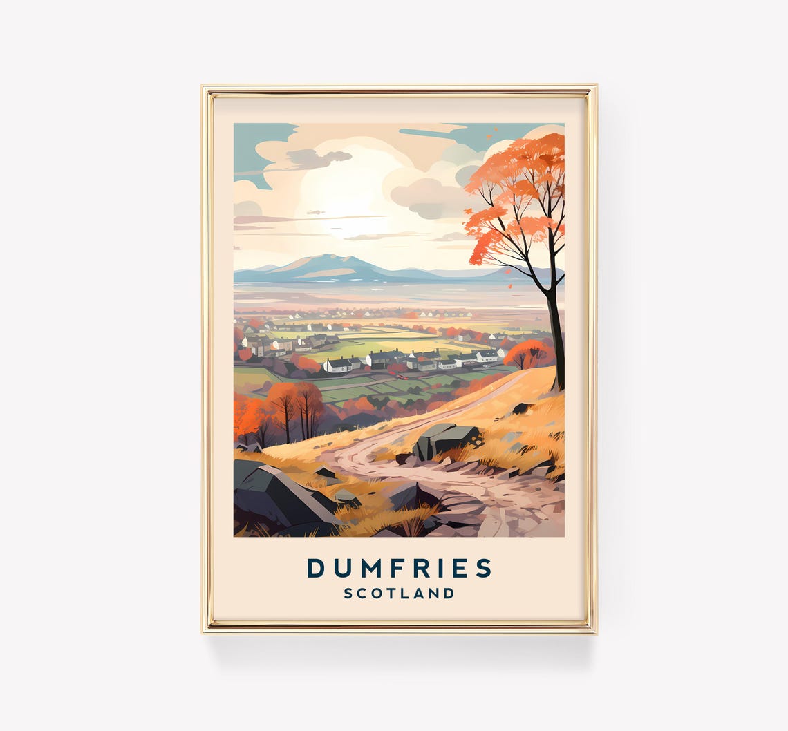Dumfries Scotland Autumn Hillside Valley Vintage Travel Poster