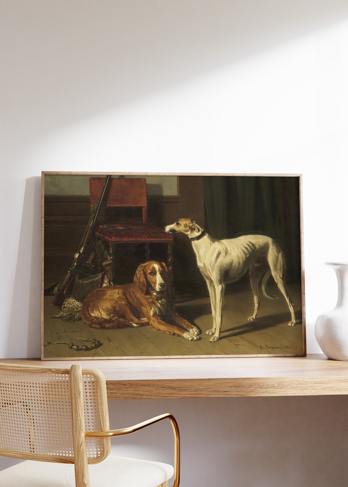 Vintage Dogs Portrait Greyhound and Spaniel Interior Hunting Scene Poster