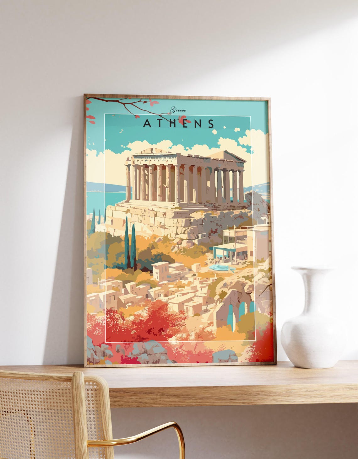 Athens Greece Parthenon Acropolis Ancient Columns Retro Travel Poster