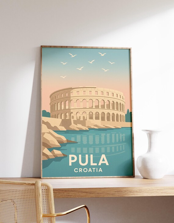 Pula Croatia Roman Arena Travel Poster Seaside Amphitheater Wall Decor