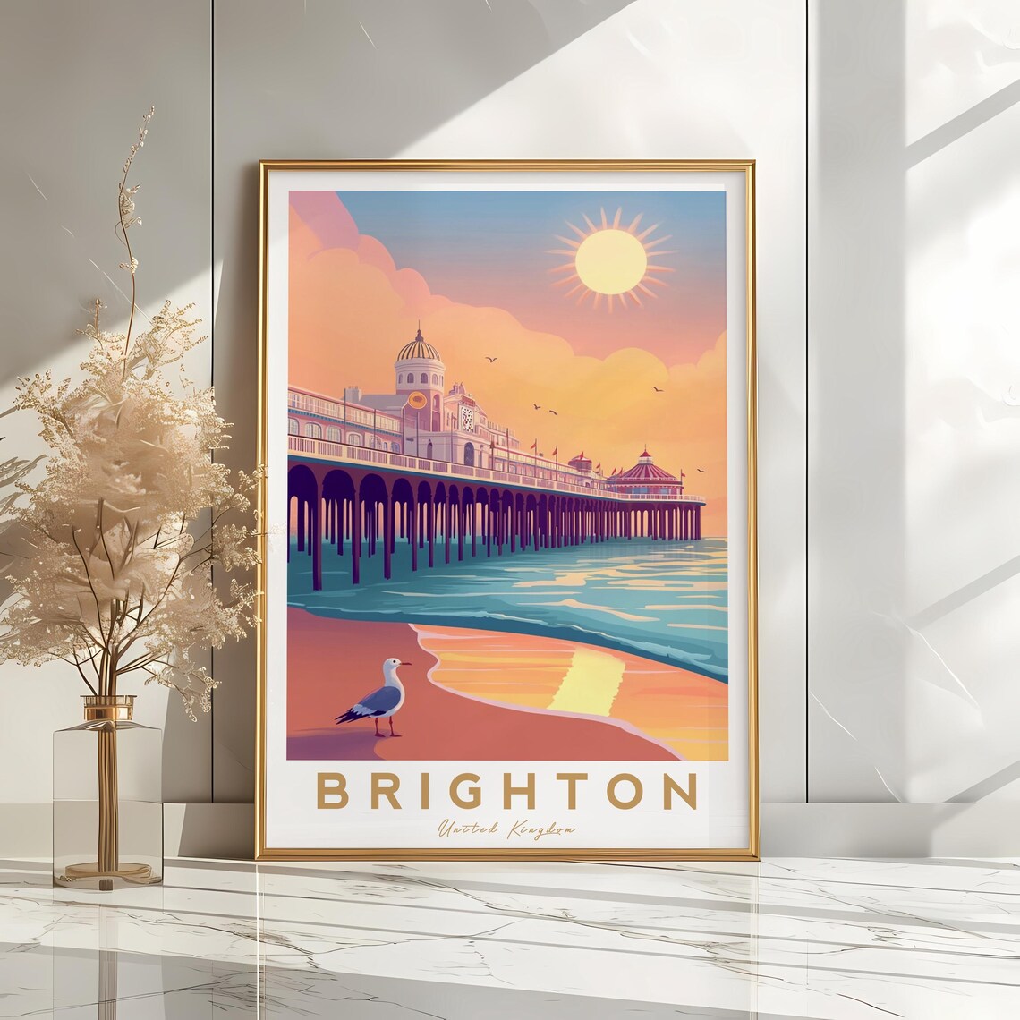 Brighton United Kingdom Palace Pier Sunset Seagull Travel Poster