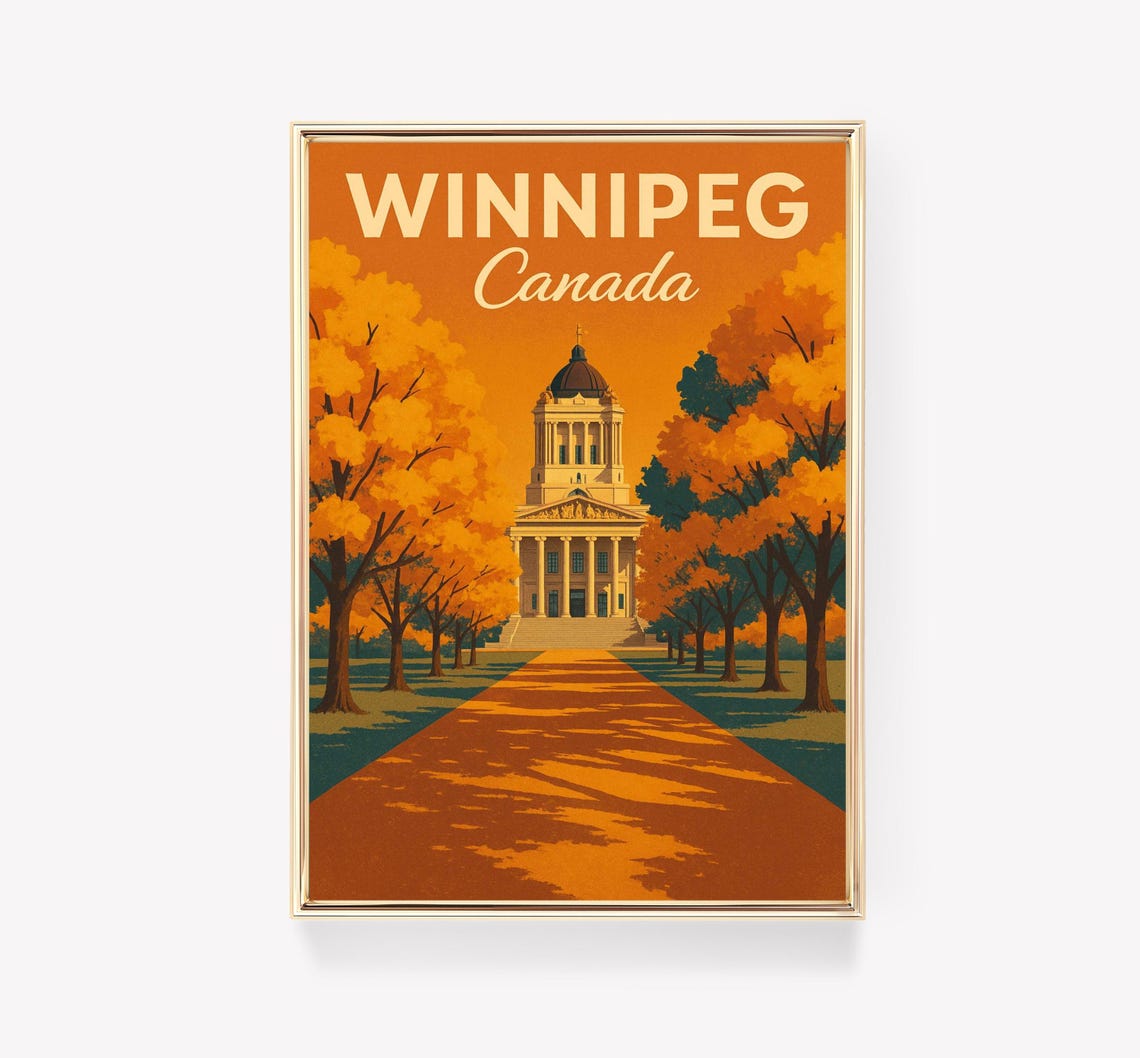 Winnipeg Canada Vintage Autumn Travel Poster Manitoba Landmark Art