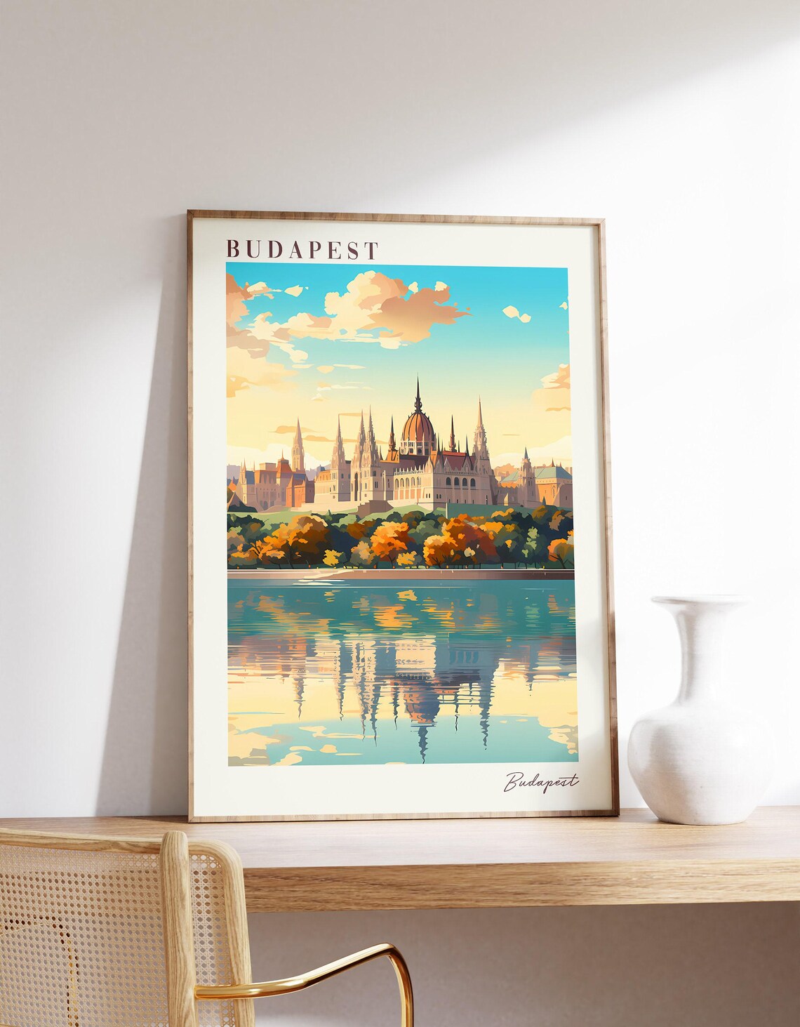 Budapest Hungary Parliament Danube River Reflection Sunset Travel Poster