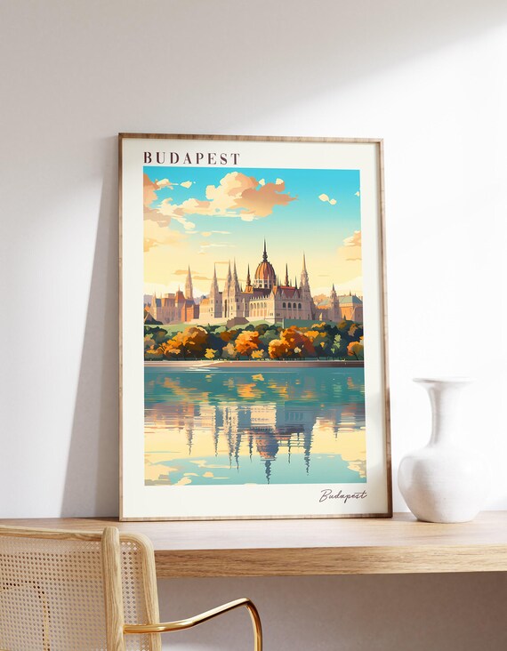 Budapest Hungary Parliament Danube River Reflection Sunset Travel Poster