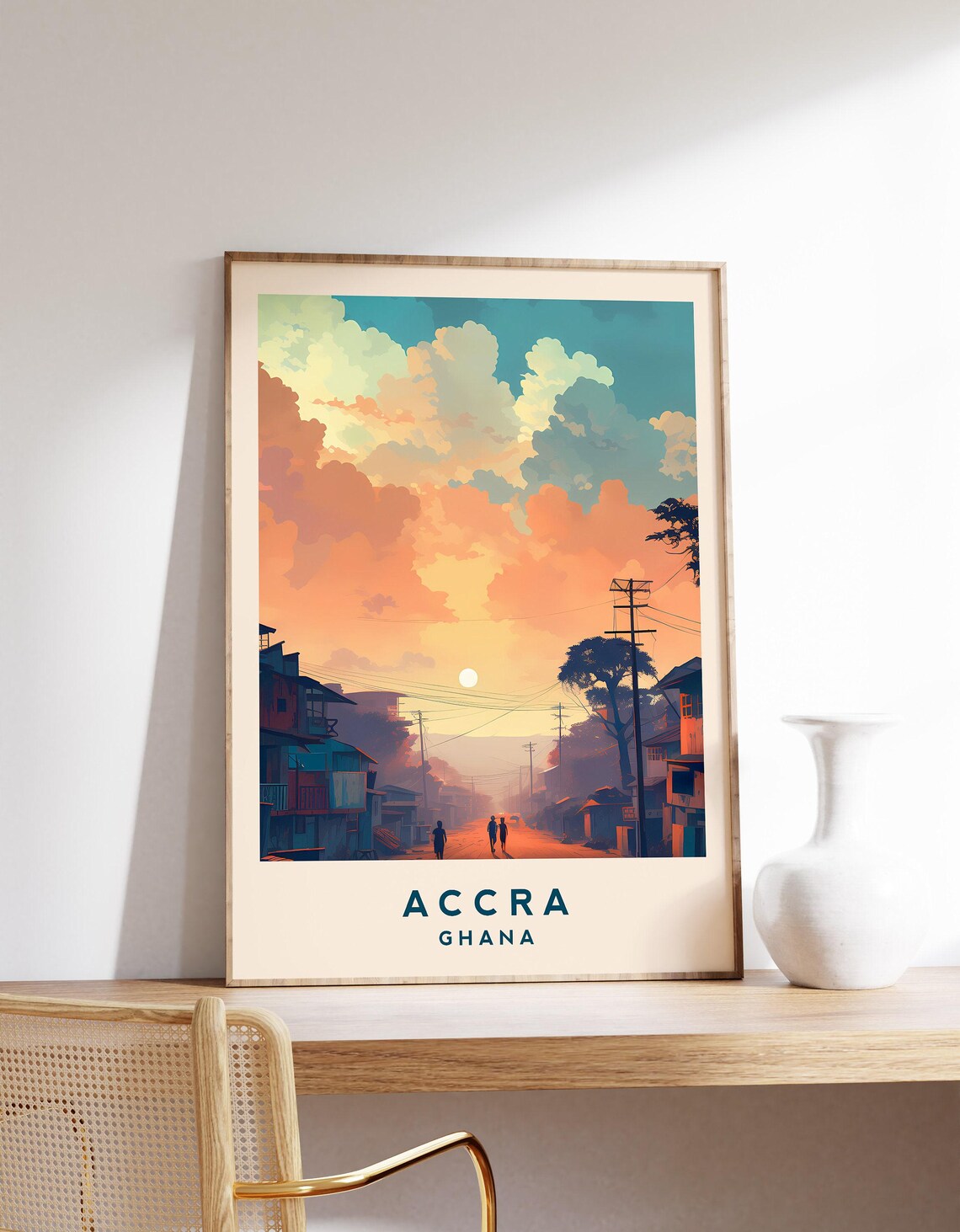 Glowing Accra Ghana Street at Sunset Warm Orange Sky Travel Poster