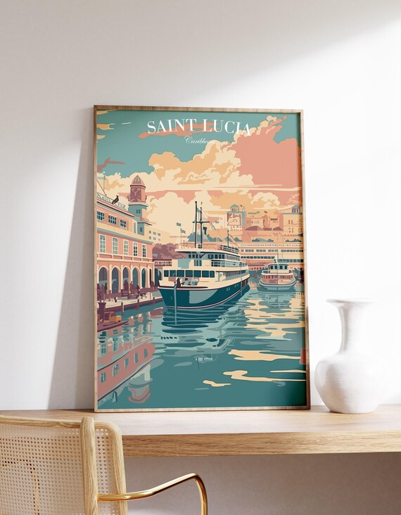 Saint Lucia Caribbean Harbor Cruise Ships Vintage Travel Poster