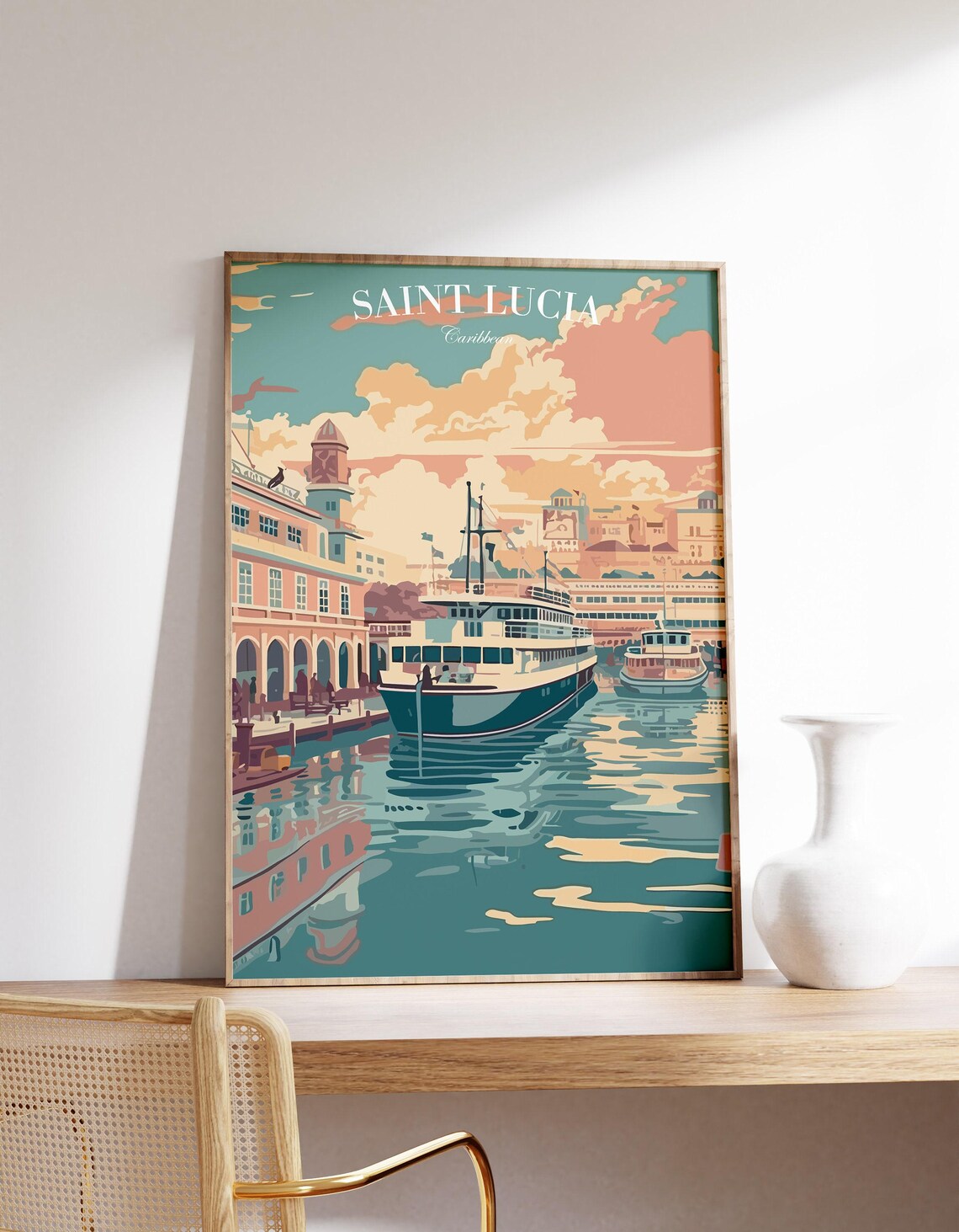 Saint Lucia Caribbean Harbor Cruise Ships Vintage Travel Poster