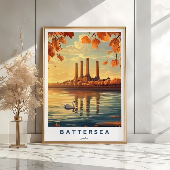 Battersea Power Station Print London Travel Art Thames River Poster Industrial Landmark Artwork Uk Cityscape Vintage Decor