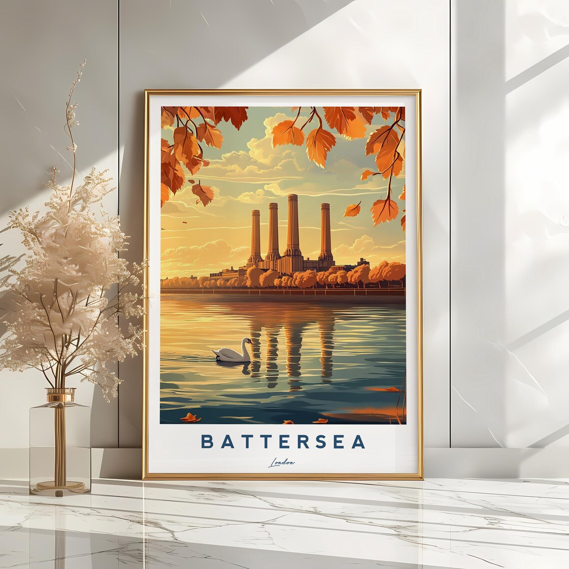 Battersea Power Station London Autumn Thames Sunset Travel Poster