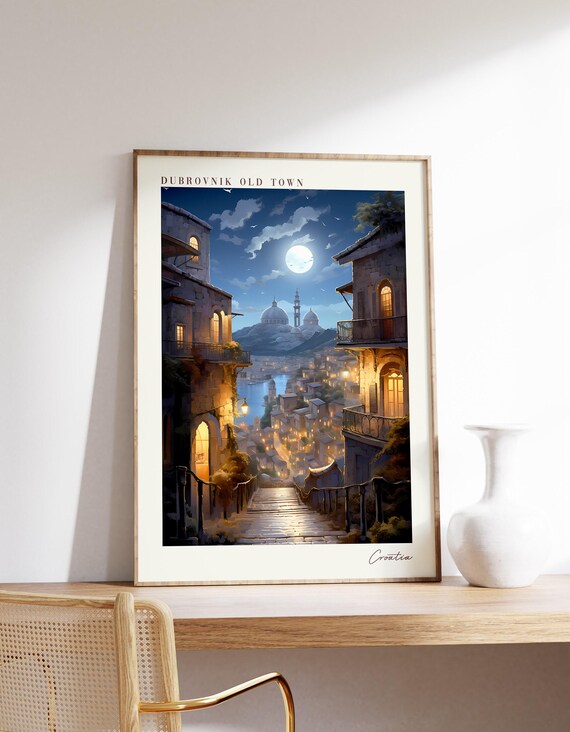 Dubrovnik Old Town Croatia Moonlit Harbor Night Lights Poster