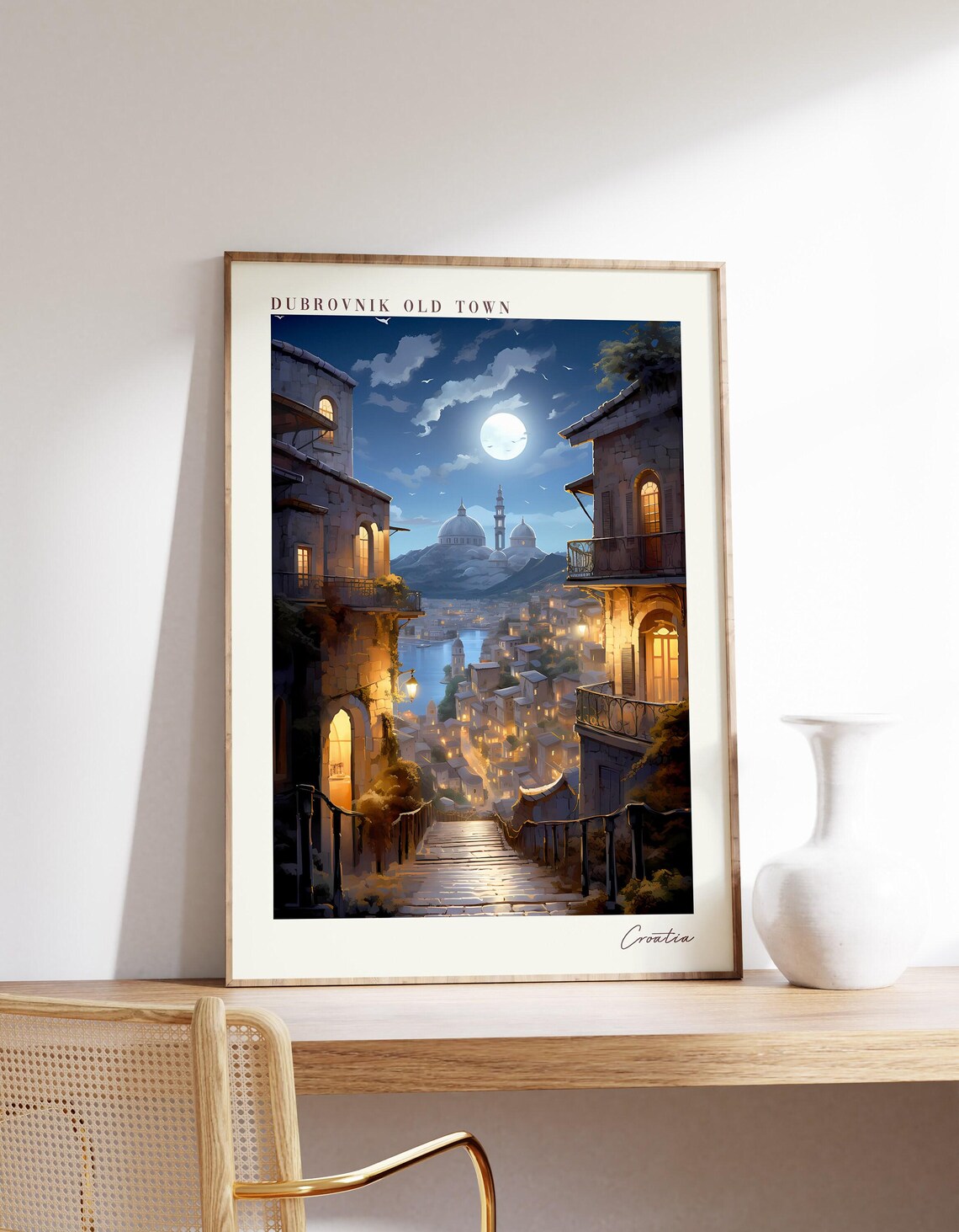 Dubrovnik Old Town Croatia Moonlit Harbor Night Lights Poster