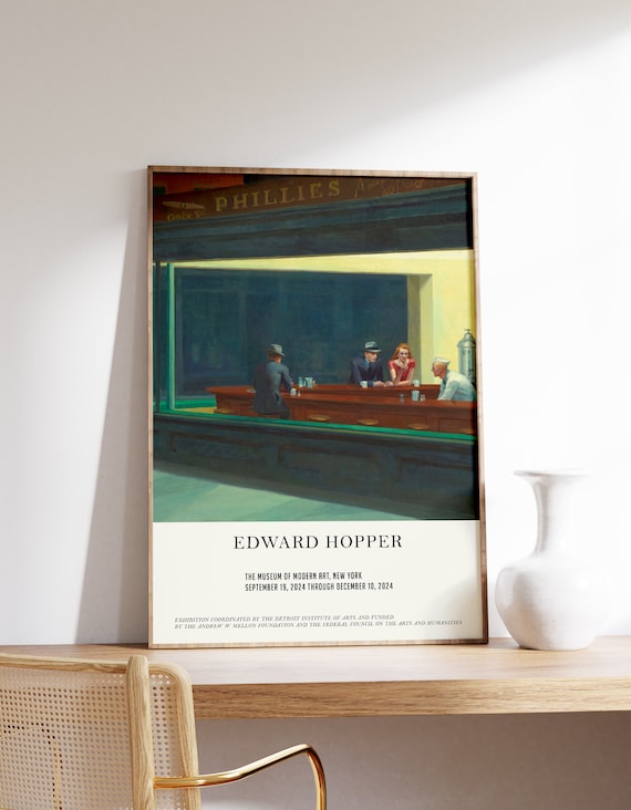 Edward Hopper Exhibition Poster Office Wall Art Nighthawks Print Realism Decor Retro Bar Gift Lightlife Cafe Painting